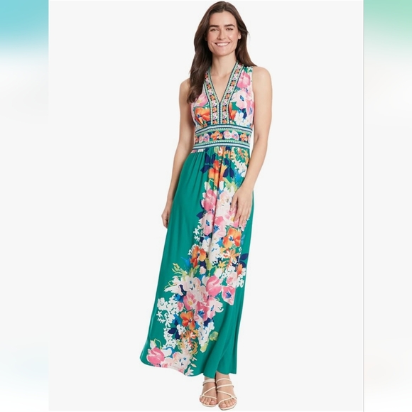 London Times Dress Sz 16 Sleeveless V-Neck Floral Maxi Preppy, Vacationwear - Picture 2 of 16